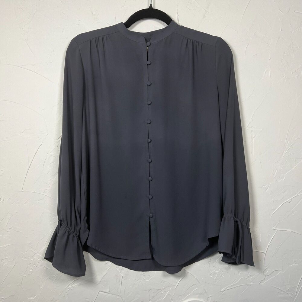 LOFT Petites Charcoal Button‎ Front Bell Sleeve Blouse SP Minimalist Office Chic